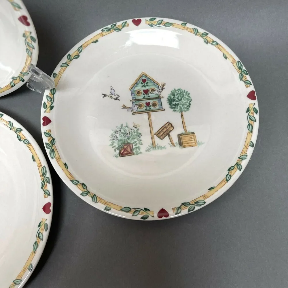 Thomson Pottery Salad Plates Birdhouse Birds Heart Vine Border 7 5/8